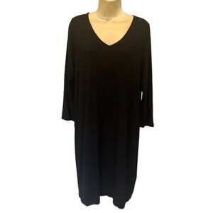 Eileen Fisher Black Stretch Viscose Jersey V-Neck 3/4 Sleeve Dress - USA